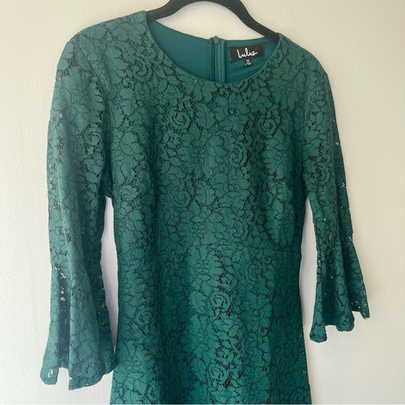 Lulus Dark Green Lace Dress Bell Sleeves - Picture 6 of 8